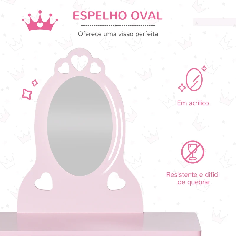 HOMCOM Toucador Infantil com Banco e Espelho Estilo Princesa Mesa de Maquilhagem Infantil com Gaveta 60x36x88cm Rosa