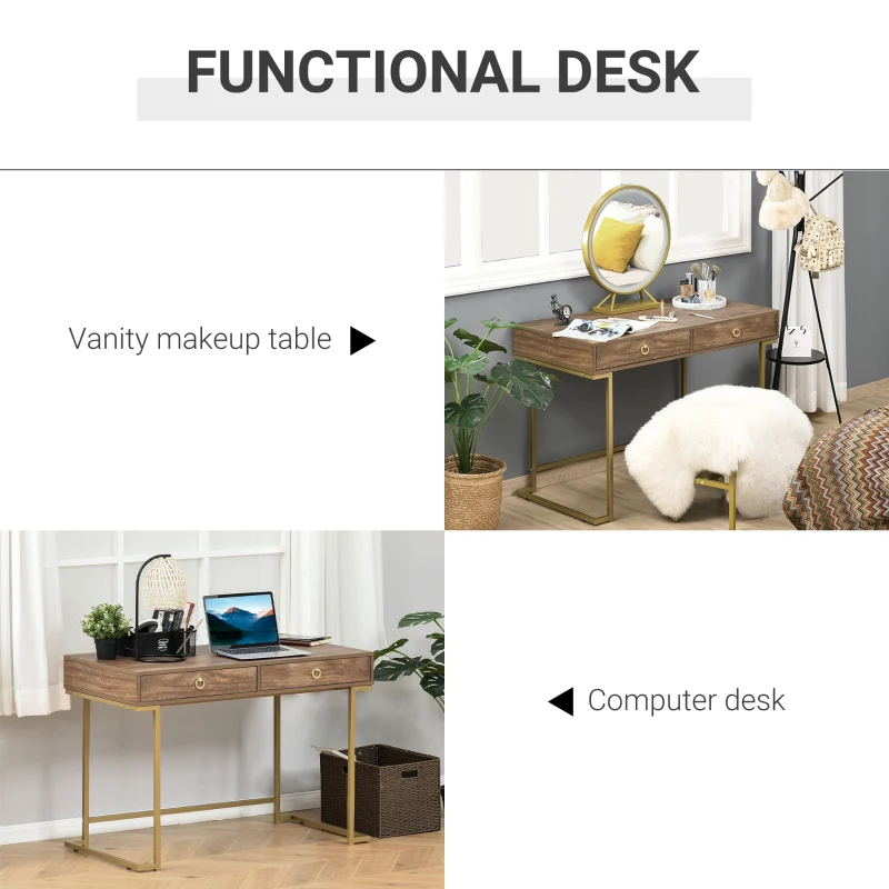 HOMCOM Masa multifunctionala pentru Birou sau Camera, cu 2 Sertare 110x55x76 cm, Maro/Auriu