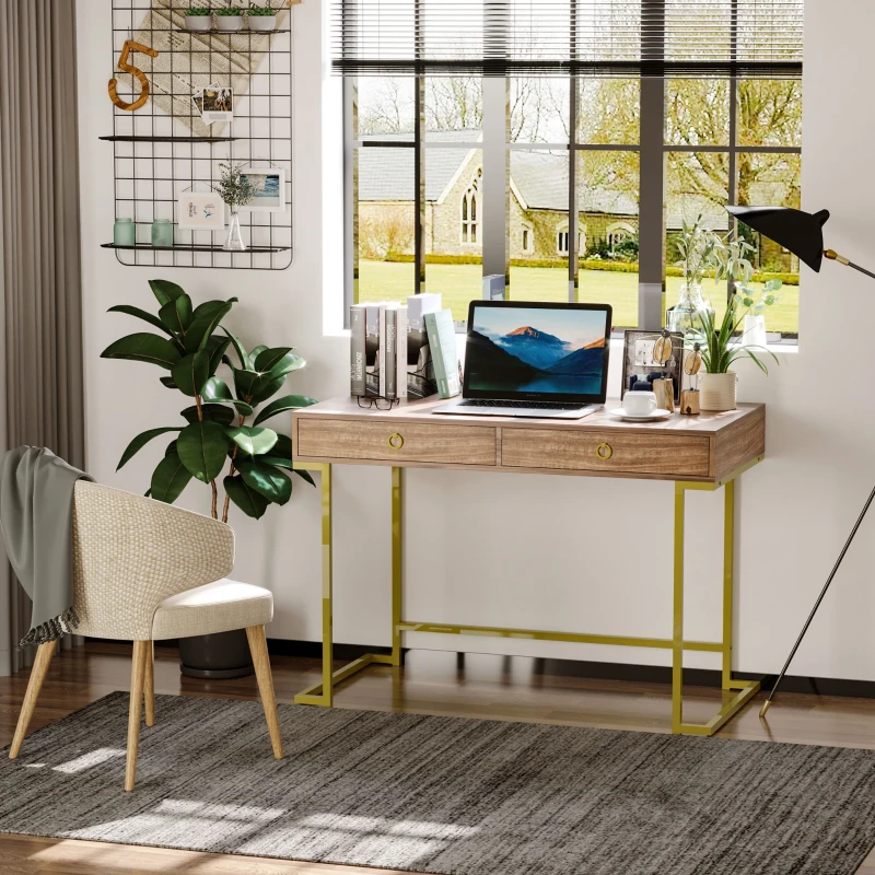 HOMCOM Masa multifunctionala pentru Birou sau Camera, cu 2 Sertare 110x55x76 cm, Maro/Auriu