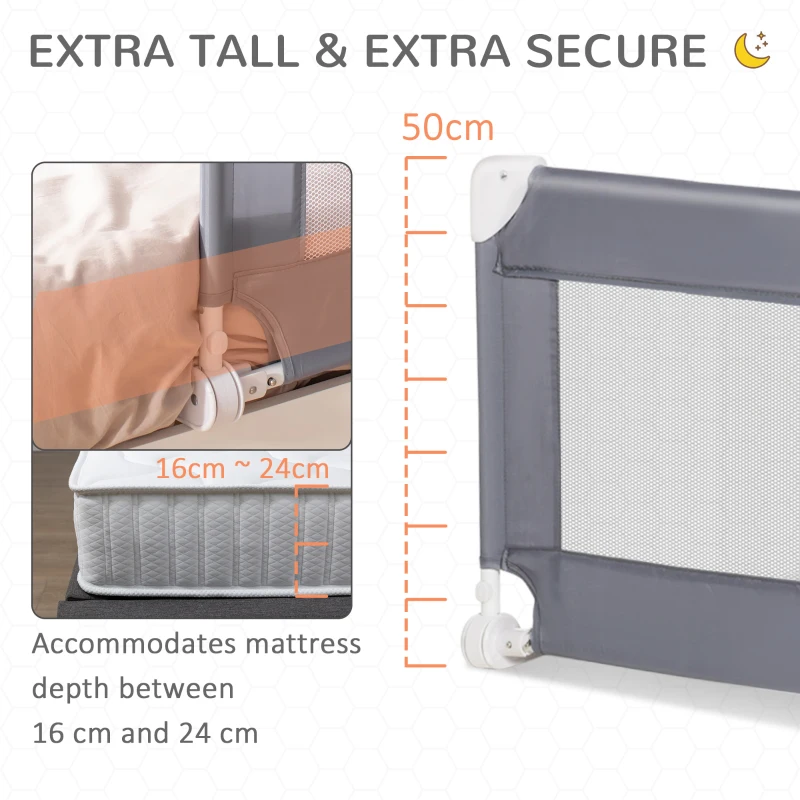HOMCOM Toddler Bed Rail Foldable Safety Barrier Fold Down Bed Guard for Flat & Slat Bed, 150 x 50cm, Grey