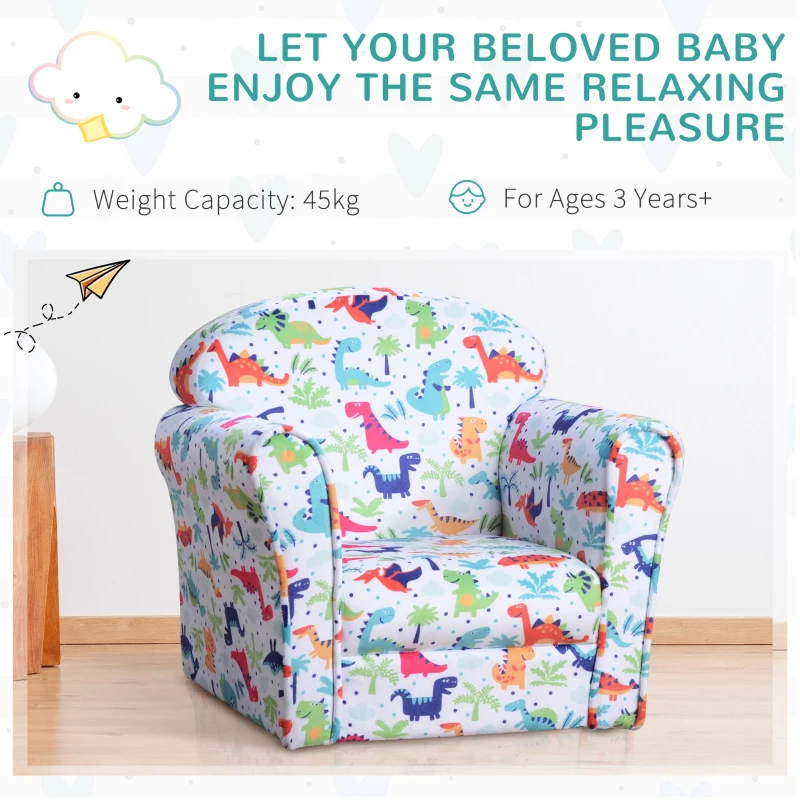 HOMCOM Children Armchair Kids Sofa Tub Chair Seat Cartoon Dinosaur Pattern Bedroom Wooden Frame Non-slip Seater