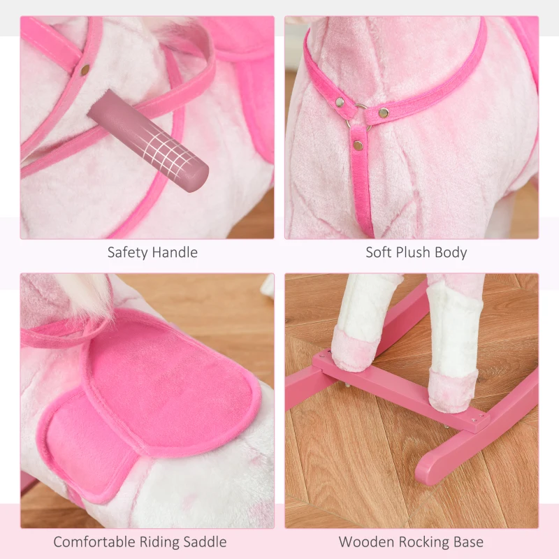 HOMCOM Baby Rocking Horse Plush Ride on Animals Rocker with Sound Handle Grip for Kids 3-6 Years - Pink