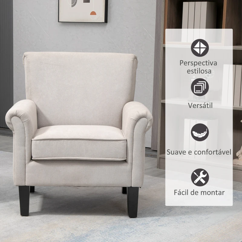 HOMCOM Poltrona Estofada em Tecido Poltrona Relax com Apoio para os Braços Assento Amovível e Lavável Pés de Madeira 79x78x87cm Cinza
