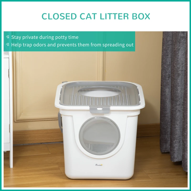 PawHut Cat Litter Box with with Front Entrance Top Exit, Enclosed Pet Toilet Kitten Pan with Scoop, White