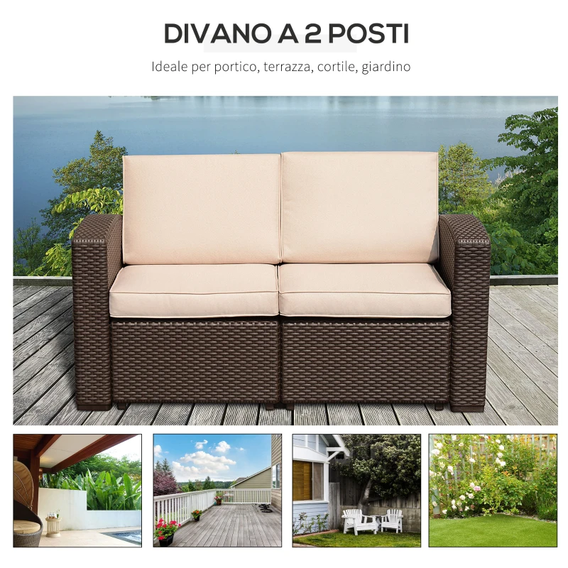 Outsunny Divano a 2 Posti in PP Plastica Divano da Giardino ad Effetto Rattan con Cuscini, Marrone