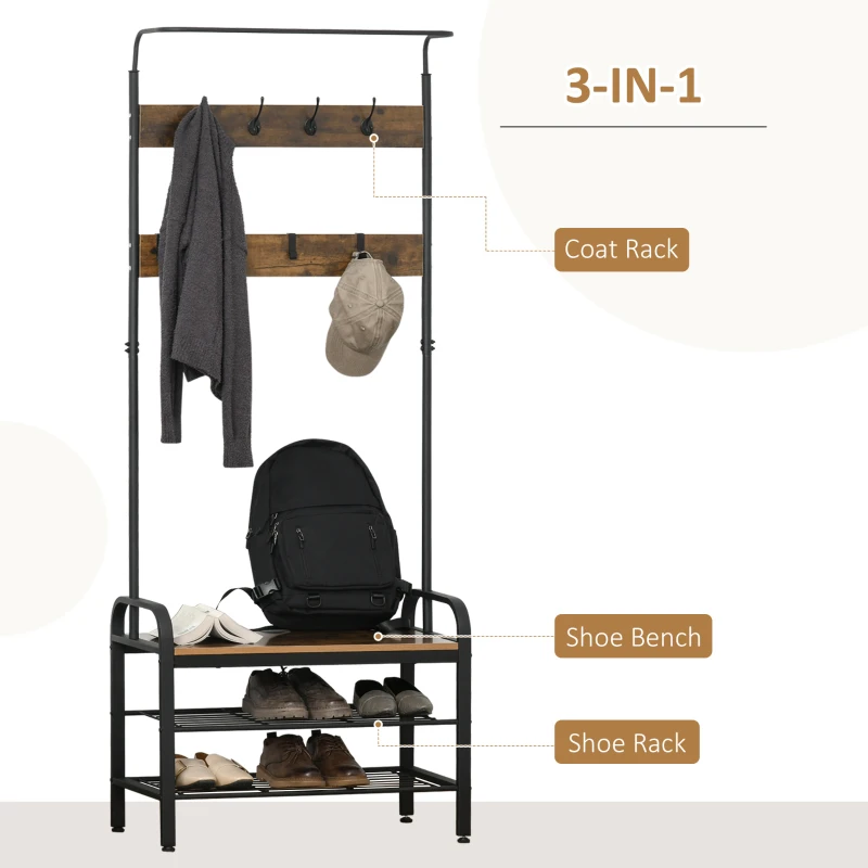 HOMCOM Hallway Organiser Unit Industrial Vintage Hanger for Coats Bags Shoes Freestanding Metal Frame w/ 8 Hook 2 Shelves