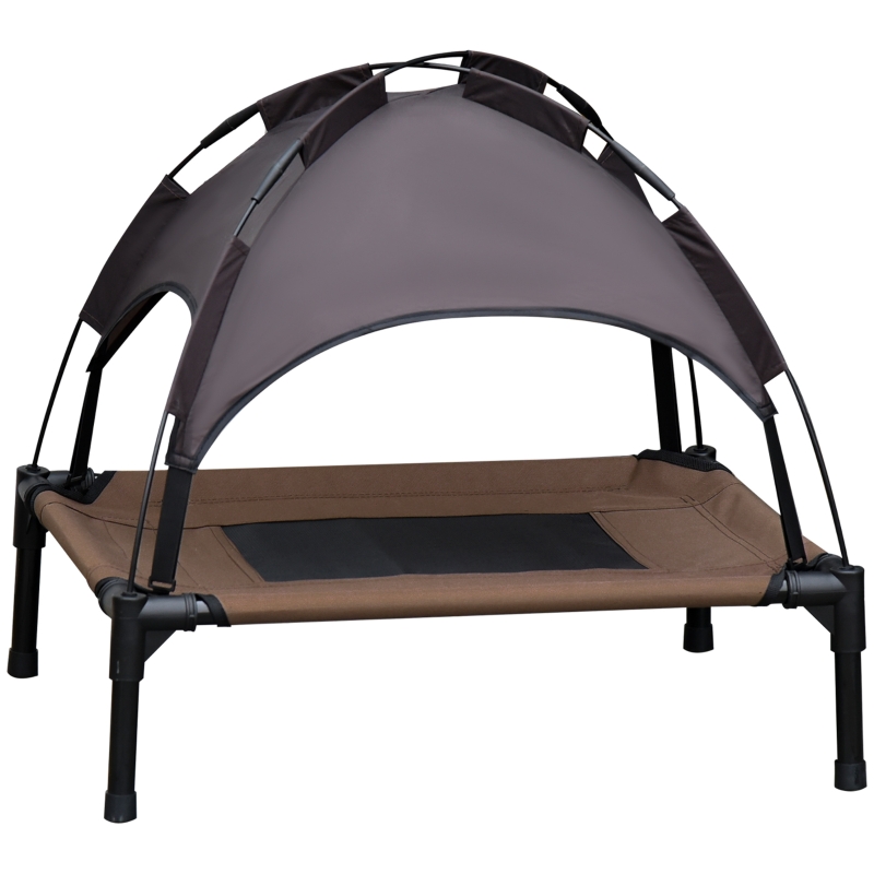 PawHut Haustierbett mit Baldachin, Erhöhtes Hundebett, Hundeliege outdoor mit Dach, Atmungsaktiv, Taftstoff Kaffee 76 x 61 x 73 cm