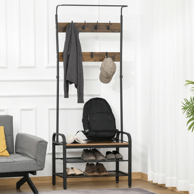 HOMCOM Hallway Organiser Unit Industrial Vintage Hanger for Coats Bags Shoes Freestanding Metal Frame w/ 8 Hook 2 Shelves