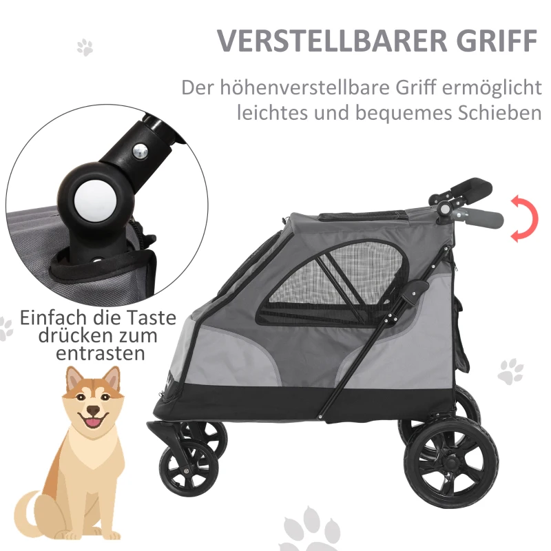 PawHut Hundebuggy Hundewagen mit 4 Räder Haustierbuggy für mittelgroße Hunde faltbar Oxford Grau 104,5 x 68,5 x 110 cm