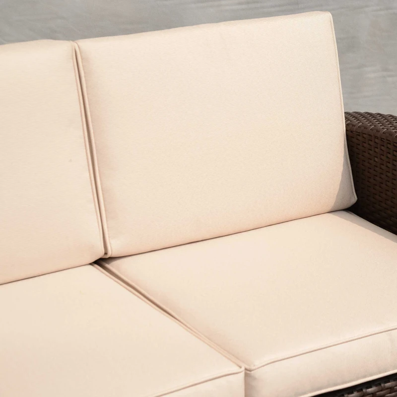 Outsunny Divano a 3 Posti in PP Plastica ad Effetto Rattan, Divano da Giardino con Cuscini, Marrone e Champagne, 199x71x75cm