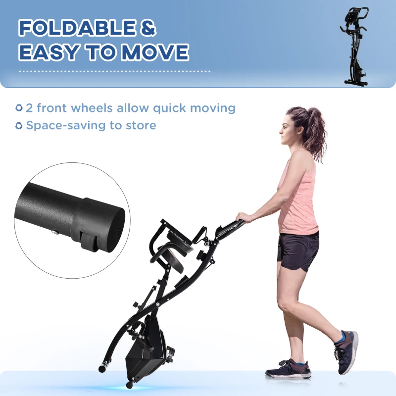 HOMCOM 2-in-1 Folding Exercise Bike with 8-Level Magnetic Resistance, Arm Resistance Band, Pulse Sensor, Black(m-7)