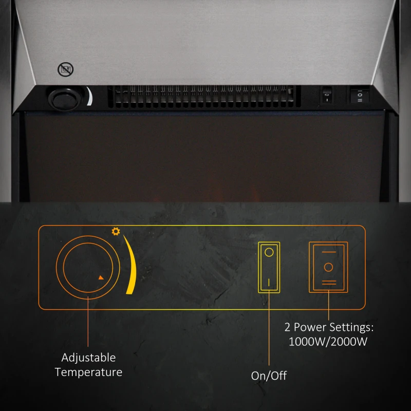 HOMCOM Installing Electric Fireplace, 2000W, Pebble Burning Effect Heater Fire Flame Indoor LED Lighting - Stainless Steel