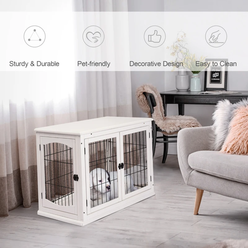PawHut Dog Crate, Furniture Style Puppy Cage End Table, Pet Kennel House with 3 Doors for Small Dog, White 81 x 58.5 x 66 cm