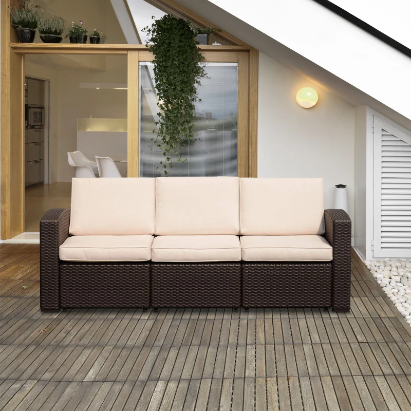 Outsunny Divano a 3 Posti in PP Plastica ad Effetto Rattan, Divano da Giardino con Cuscini, Marrone e Champagne, 199x71x75cm