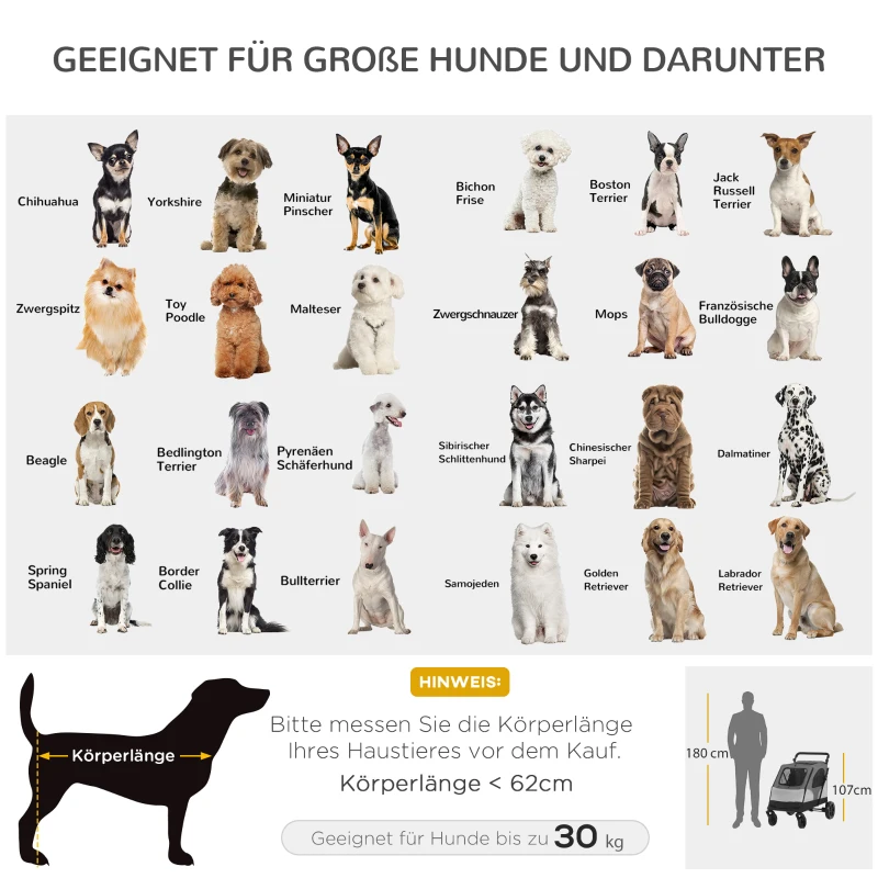 PawHut Hundebuggy Hundewagen mit 4 Räder Haustierbuggy für mittelgroße Hunde faltbar Oxford Grau 104,5 x 68,5 x 110 cm