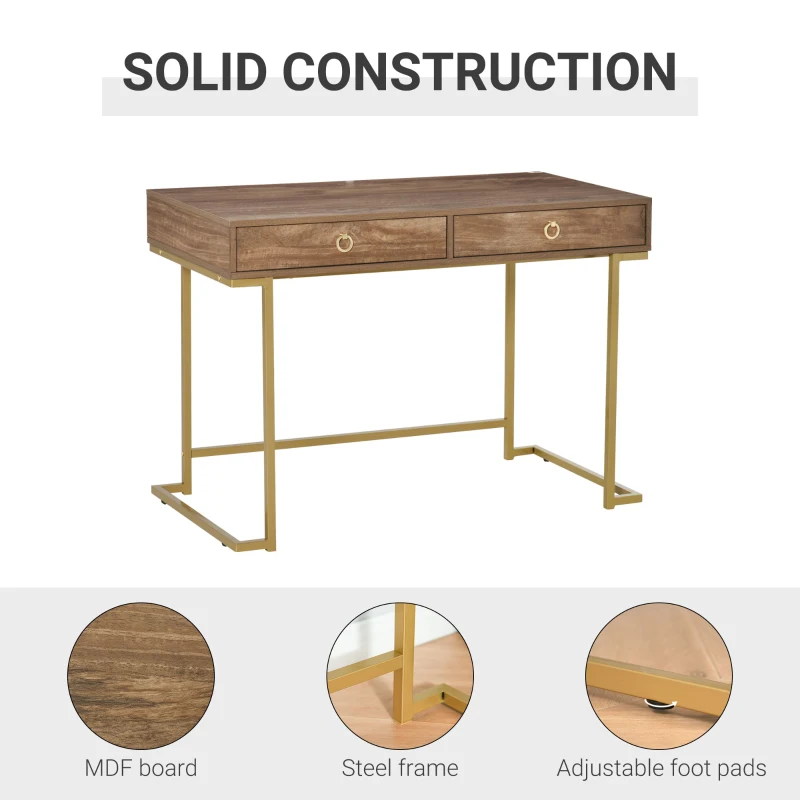 HOMCOM Masa multifunctionala pentru Birou sau Camera, cu 2 Sertare 110x55x76 cm, Maro/Auriu