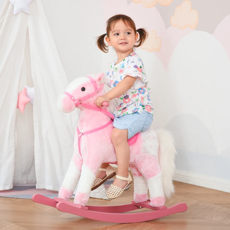 HOMCOM Baby Rocking Horse Plush Ride on Animals Rocker with Sound Handle Grip for Kids 3-6 Years - Pink
