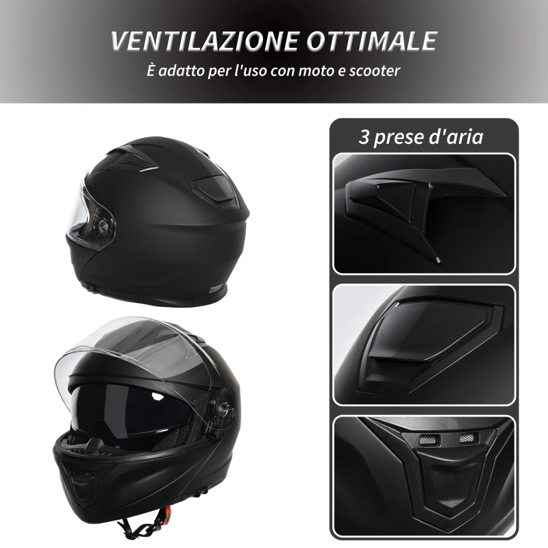 HOMCOM Casco Moto Integrale con Visiera Esterna e Parasole, Slot per Bluetooth e Certificato ECE R22, Taglia XL 61/62cm, Nero