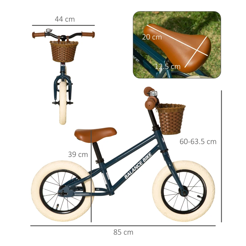 HOMCOM 12 Inch Kids Balance Bike Toddler No Pedal Training Bicycle with Rubber Tires Adjustable Handlebar Bell for 3-6 Year Old, Blue