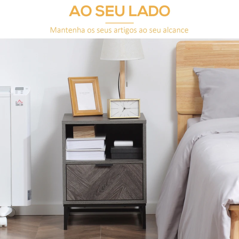 HOMCOM Mesa de Cabeceira com 1 Gaveta Prateleira Aberta e Pés de Aço para Dormitório Estilo Moderno 40x40x52cm Cinza Escuro