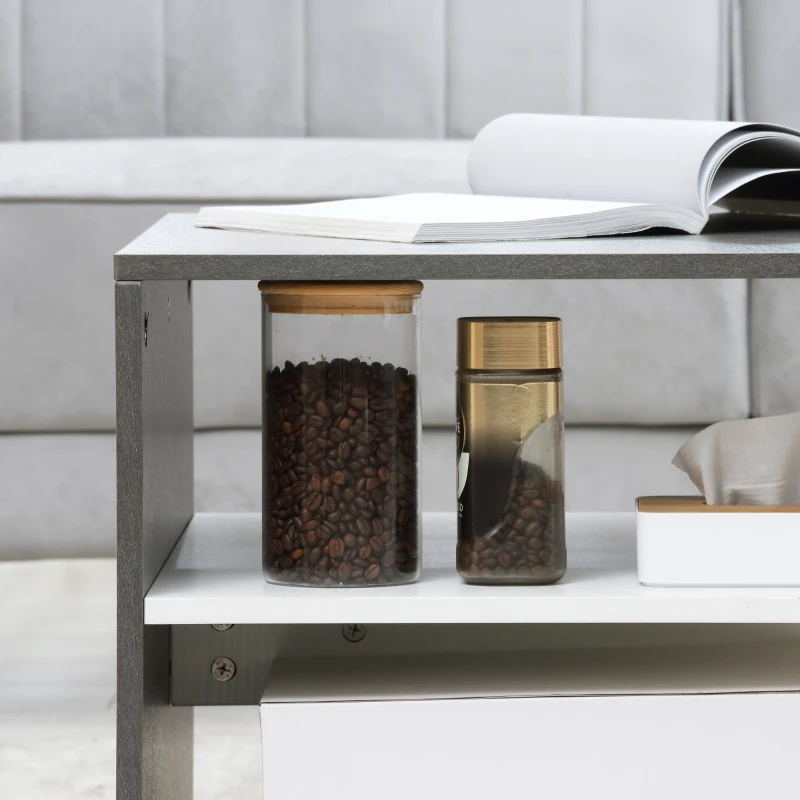 HOMCOM Masuta de cafea moderna cu efect de ciment, dreptunghiulara, pe 2 niveluri cu raft de depozitare pentru camera de zi