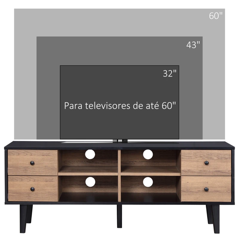 HOMCOM Móvel de TV para Televisores de até 60 Polegadas com 4 Gavetas e 4 Prateleiras Abertas 130x40x50cm Madeira e Preto