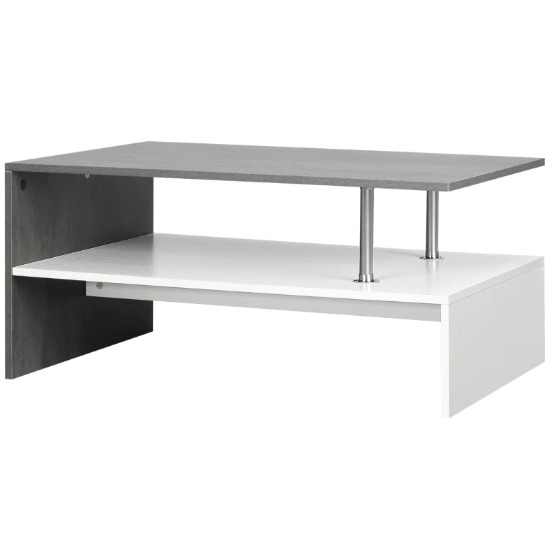 HOMCOM Masuta de cafea moderna cu efect de ciment, dreptunghiulara, pe 2 niveluri cu raft de depozitare pentru camera de zi