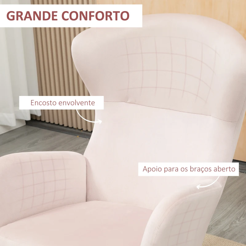 HOMCOM Poltrona Baloiço Estofada em Veludo com Assento Acolchoado Apoio para os Braços e Pés de Madeira de Faia 65x87x102cm Rosa