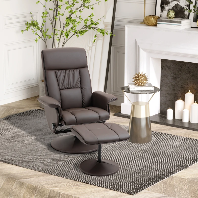 HOMCOM Scaun rabatabil si otoman cu baza infasurata, scaun pivotant din piele PU cu suport pentru picioare pentru sufragerie, dormitor si birou, maro