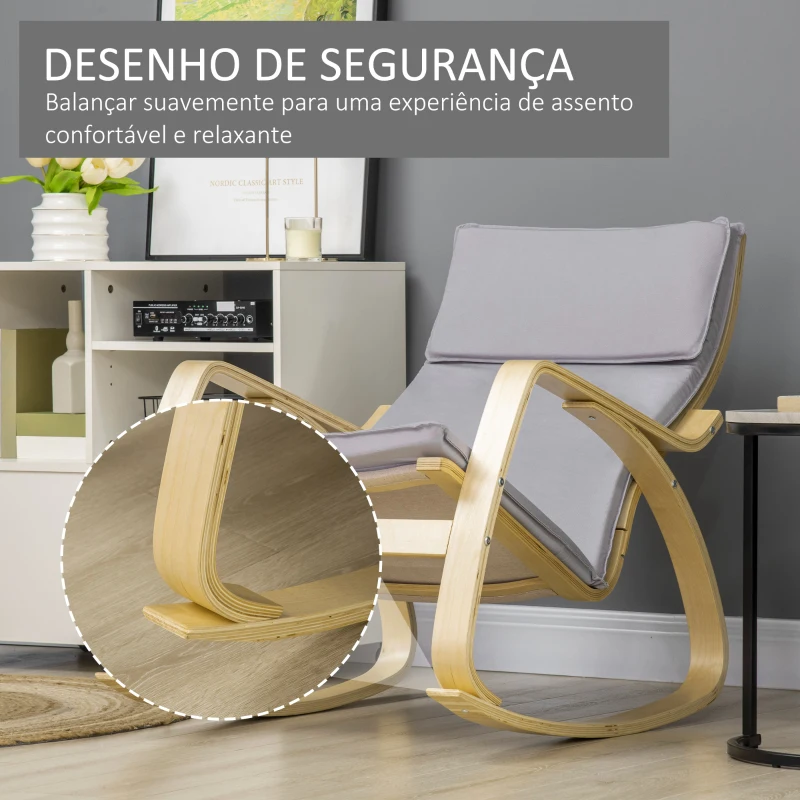 HOMCOM Poltrona Baloiço Poltrona Relax com Almofada Amovível Apoio para os Braços e Pés de Madeira de Bétula 67x97x84cm Cinza