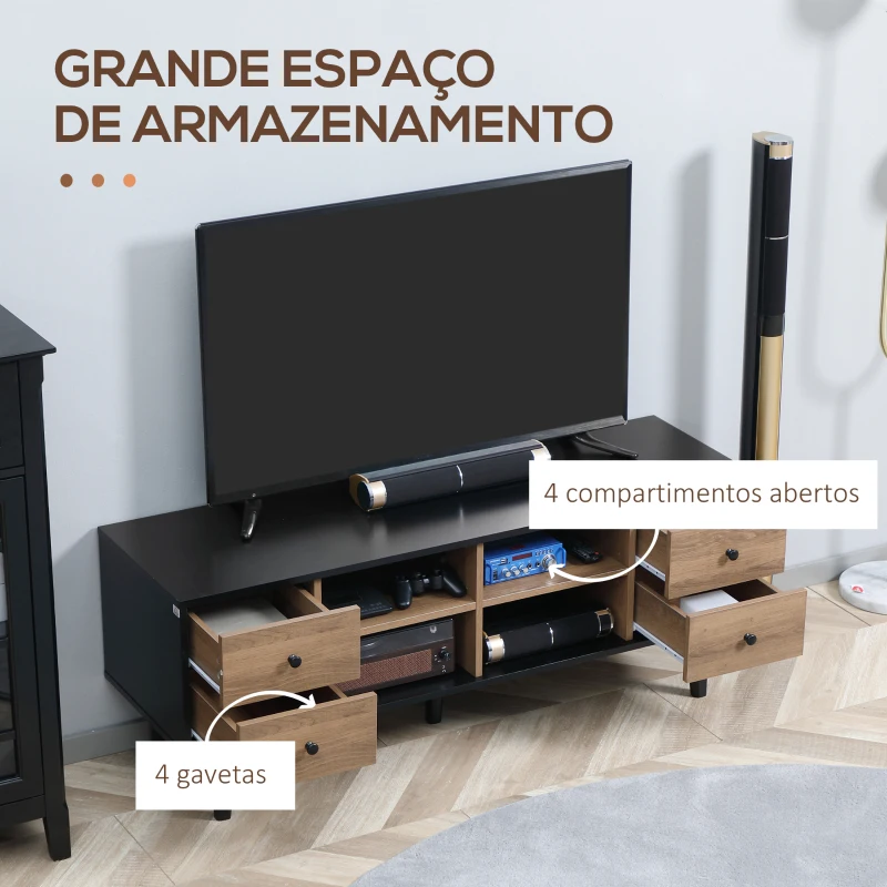 HOMCOM Móvel de TV para Televisores de até 60 Polegadas com 4 Gavetas e 4 Prateleiras Abertas 130x40x50cm Madeira e Preto