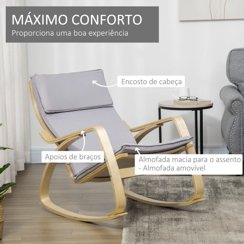 HOMCOM Poltrona Baloiço Poltrona Relax com Almofada Amovível Apoio para os Braços e Pés de Madeira de Bétula 67x97x84cm Cinza