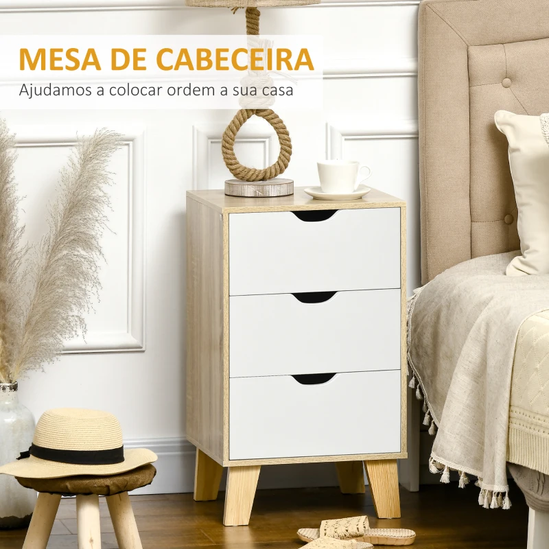 HOMCOM Mesa de Cabeceira com 3 Gavetas para Dormitório Sala de Estar Estilo Moderno Anti-Tombo 40x35x68,5cm Madeira e Branco
