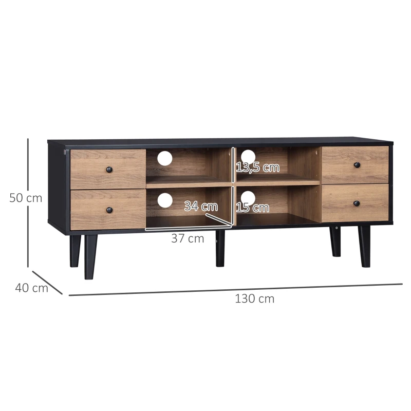 HOMCOM Móvel de TV para Televisores de até 60 Polegadas com 4 Gavetas e 4 Prateleiras Abertas 130x40x50cm Madeira e Preto
