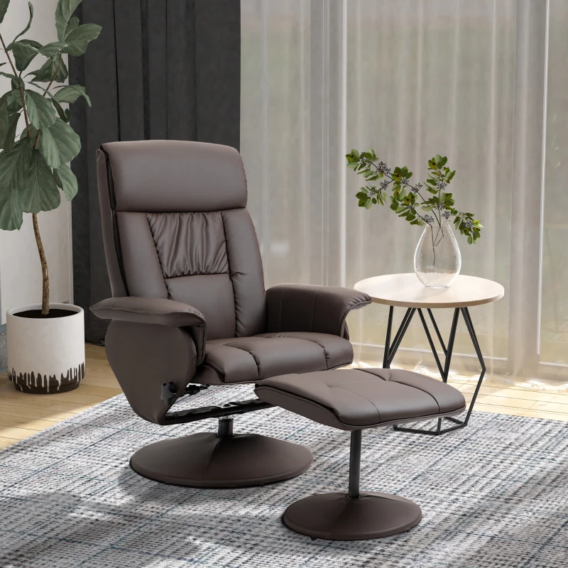 HOMCOM Scaun rabatabil si otoman cu baza infasurata, scaun pivotant din piele PU cu suport pentru picioare pentru sufragerie, dormitor si birou, maro