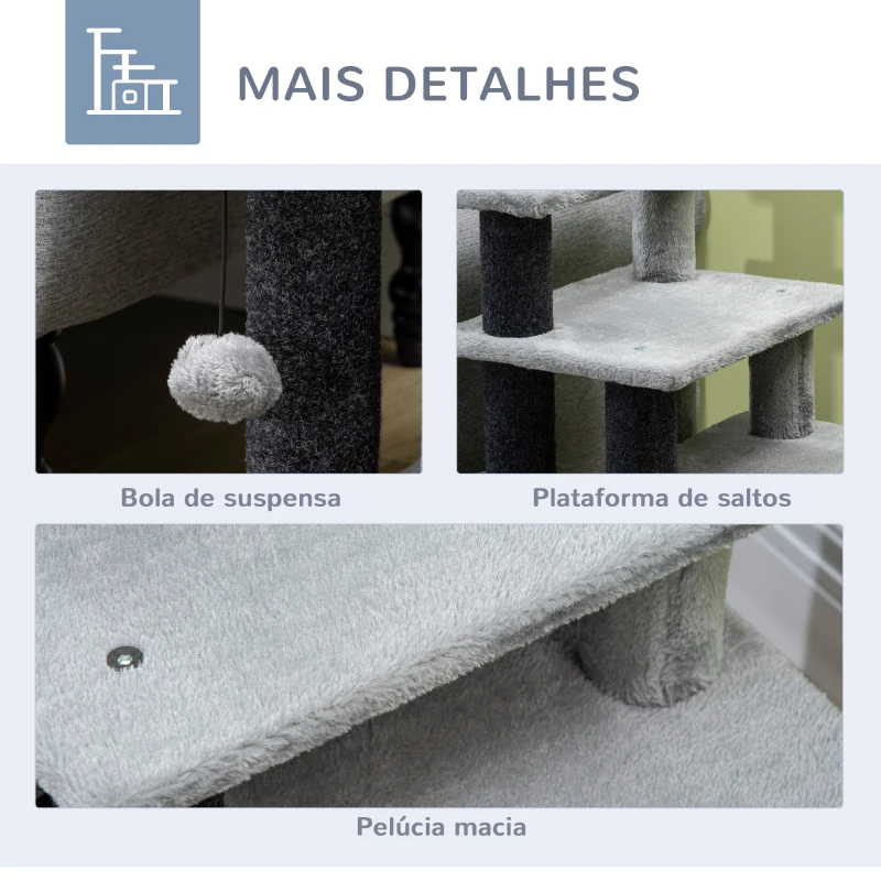 PawHut Escada para Gatos de 4 Degraus Escada para Animais de Estimação com Altura Ajustável Caverna Bola Suspensa 60x40x66cm Cinza