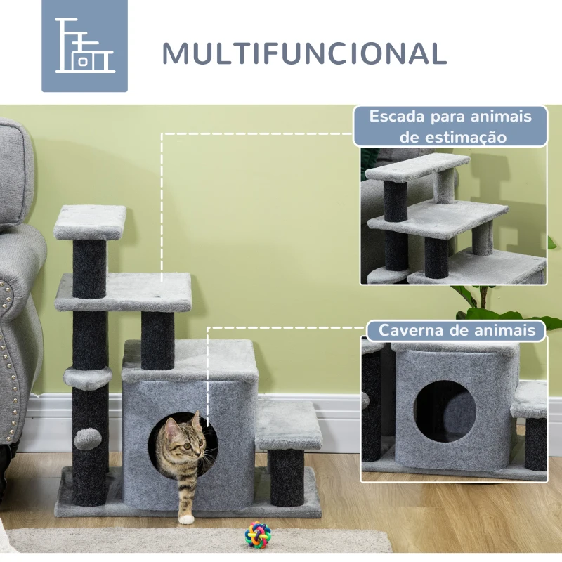 PawHut Escada para Gatos de 4 Degraus Escada para Animais de Estimação com Altura Ajustável Caverna Bola Suspensa 60x40x66cm Cinza