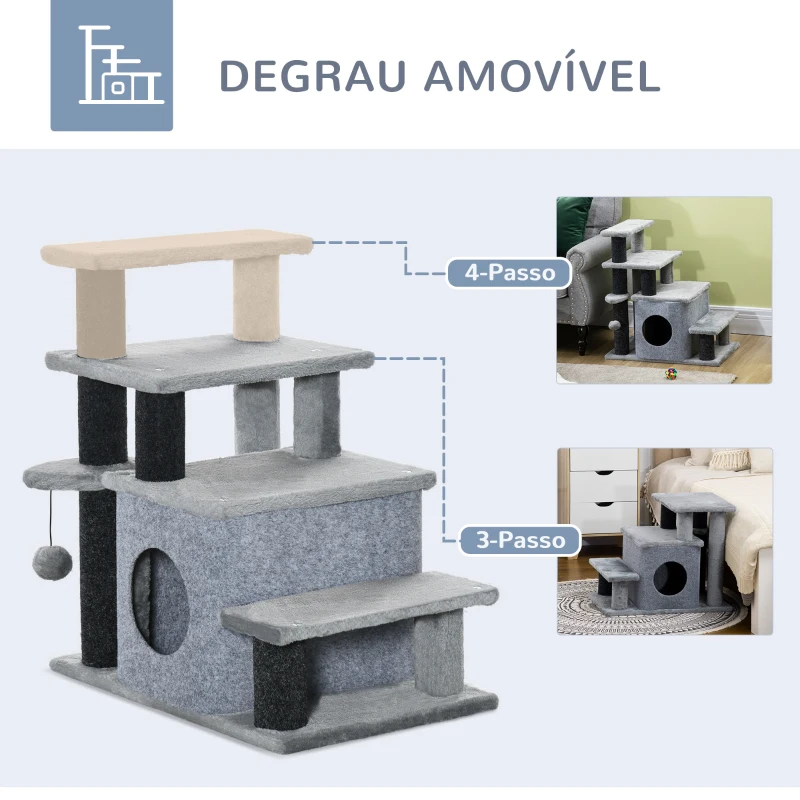 PawHut Escada para Gatos de 4 Degraus Escada para Animais de Estimação com Altura Ajustável Caverna Bola Suspensa 60x40x66cm Cinza