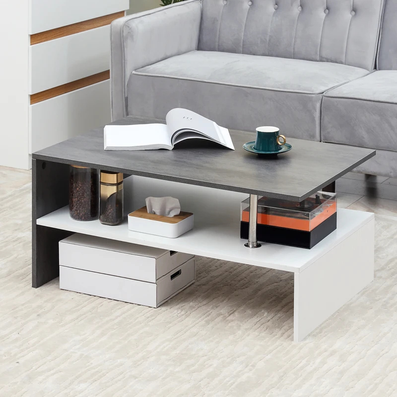 HOMCOM Masuta de cafea moderna cu efect de ciment, dreptunghiulara, pe 2 niveluri cu raft de depozitare pentru camera de zi