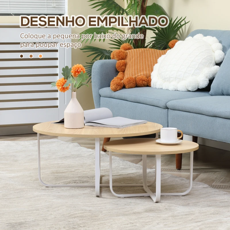 HOMCOM Conjunto de 2 Mesas de Centro Ø65x32cm e Ø45x26cm Mesas Redondas com Bancada de Madeira e Pés de Metal Madeira e Branco