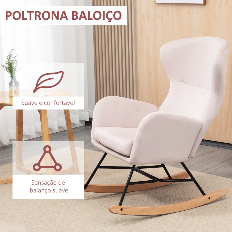 HOMCOM Poltrona Baloiço Estofada em Veludo com Assento Acolchoado Apoio para os Braços e Pés de Madeira de Faia 65x87x102cm Rosa