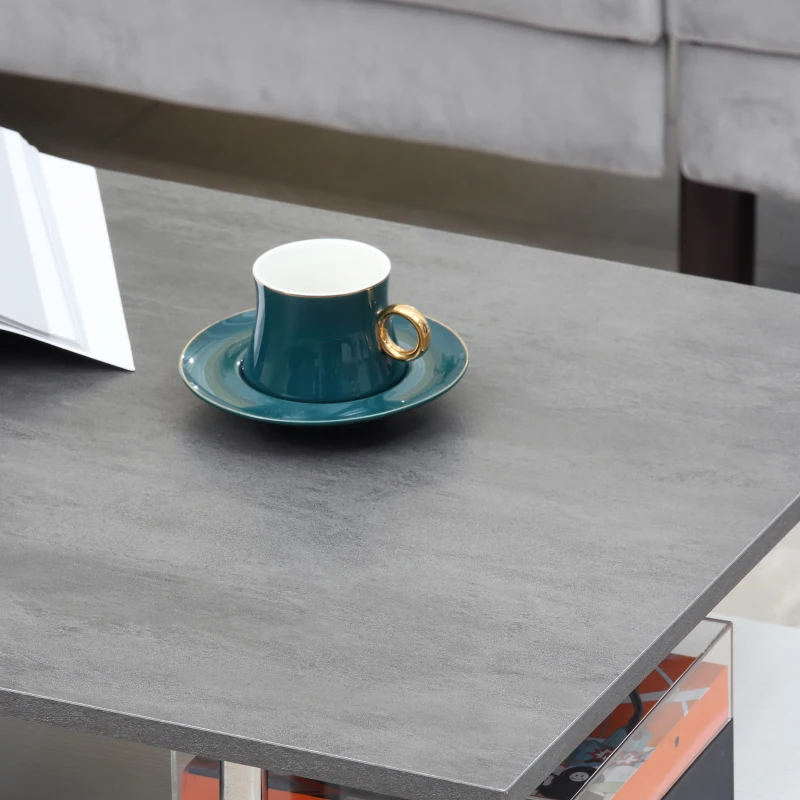 HOMCOM Masuta de cafea moderna cu efect de ciment, dreptunghiulara, pe 2 niveluri cu raft de depozitare pentru camera de zi