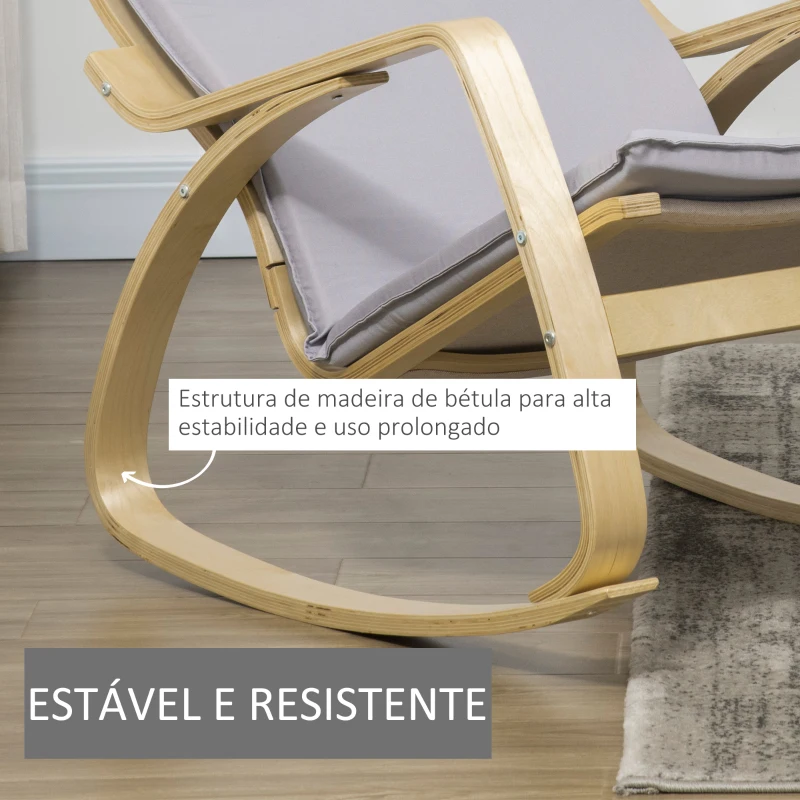 HOMCOM Poltrona Baloiço Poltrona Relax com Almofada Amovível Apoio para os Braços e Pés de Madeira de Bétula 67x97x84cm Cinza
