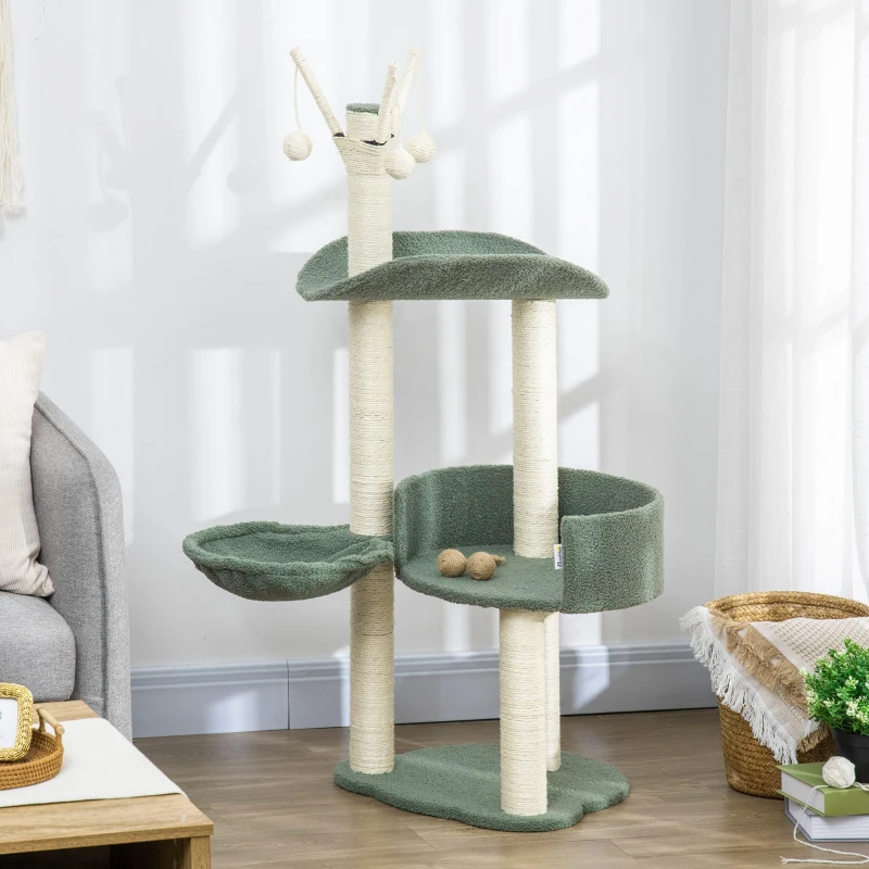 PawHut Cat Tree, Climbing Kitten Cat Tower Activity Center for Indoor Cats with Sisal Scratching Post, Green