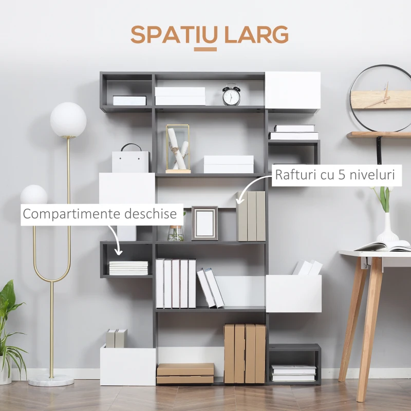 HOMCOM Biblioteca moderna cu 5 niveluri, pentru camera de zi, birou, studiu, gri