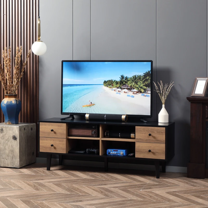 HOMCOM Móvel de TV para Televisores de até 60 Polegadas com 4 Gavetas e 4 Prateleiras Abertas 130x40x50cm Madeira e Preto