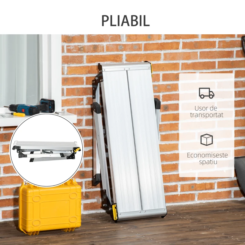 DURHAND Platforma de lucru pliabila pentru treburile casnice cu 4 picioare de protectie, aliaj de aluminiu, 128x41x60 cm, argintiu