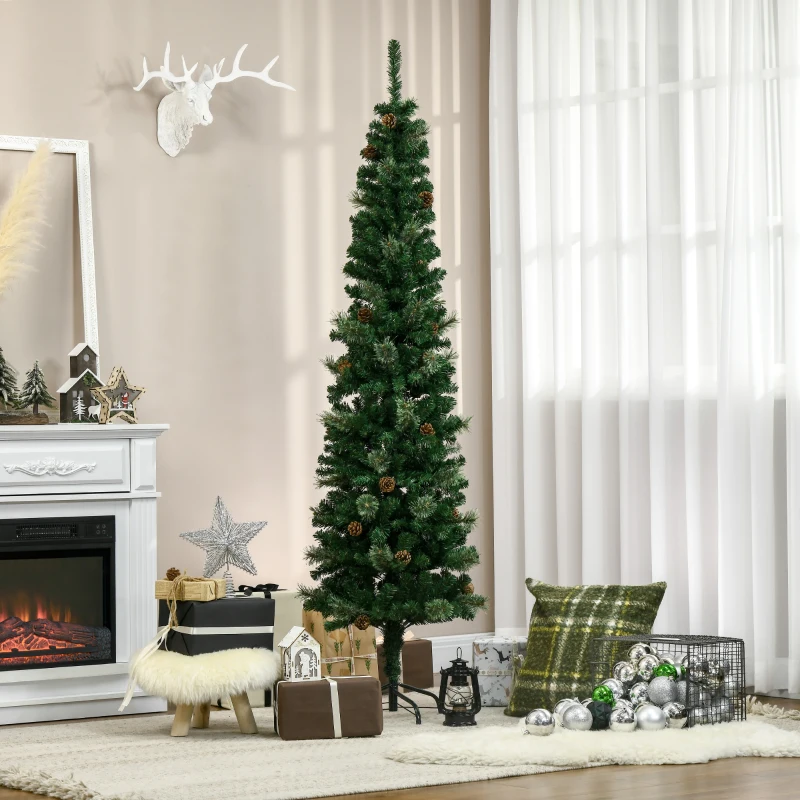 Pom de Craciun artificial subtire cu creion inalt de 165cm  HOMCOM cu ramuri realiste, 556 de varfuri si 27 de conuri de pin, brad cu ace de pin, decor de Craciun, verde