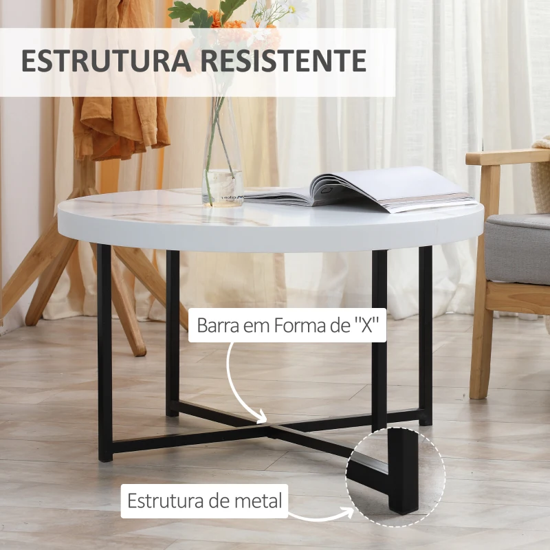HOMCOM Mesa de Centro Redonda com Bancada Similar ao Mármore e Estrutura de Metal Estilo Moderno 80x80x45cm Branco e Preto