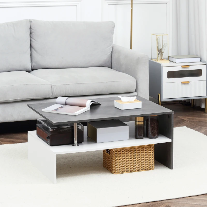 HOMCOM Masuta de cafea moderna cu efect de ciment, dreptunghiulara, pe 2 niveluri cu raft de depozitare pentru camera de zi